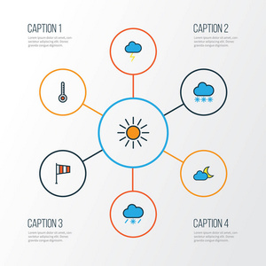 空气多彩大纲图标集。集合的下着雪，暮光之城 龙卷风和其他元素。此外包括符号如度，阳光下, 着雪
