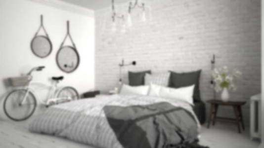 模糊背景室内设计，白色和灰色现代卧室 w