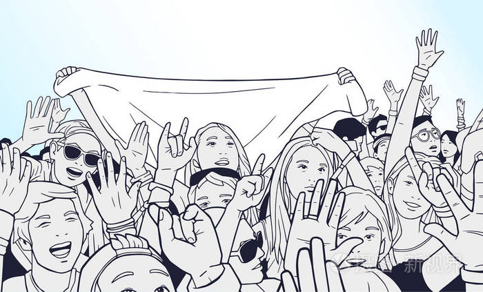 在音乐节的混合种族人群的欢呼声与插图举手插画-正版商用图片01akcw