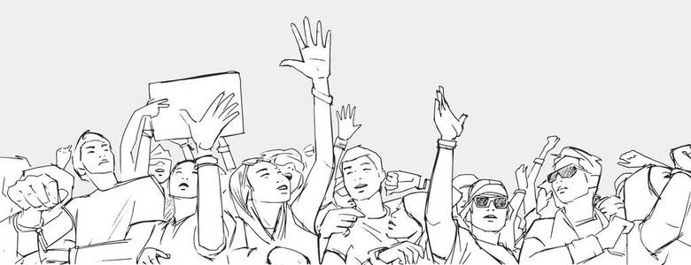 在音乐节的混合种族人群的欢呼声与插图举手照片