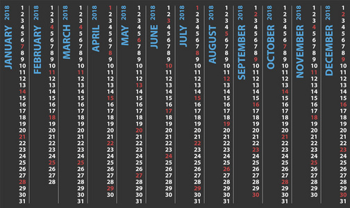 2018 日历与垂直行向量设计日历开始和选定星期日