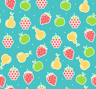 苹果 草莓和梨果实背景图案。矢量