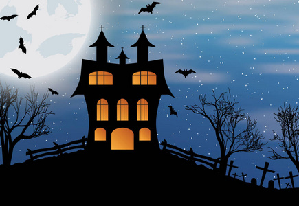 万圣节背景与城堡, 蝙蝠和月亮照片