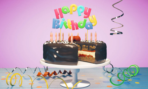 美味的生日蛋糕与蜡烛在粉红色的背景上。庆祝活动的概念。3d 渲染