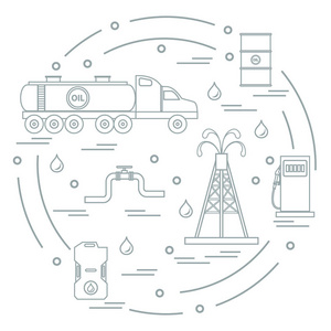 可爱矢量插画的油轮,石油生产设备照片