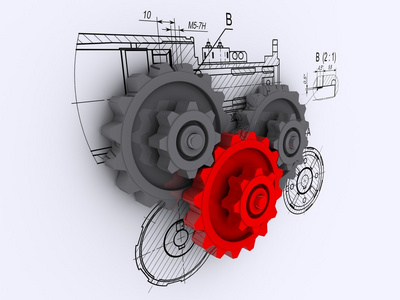 两个灰色和一个红色齿轮在工程d的背景下
