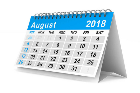 2018 年的日历。8 月。孤立的 3d 图