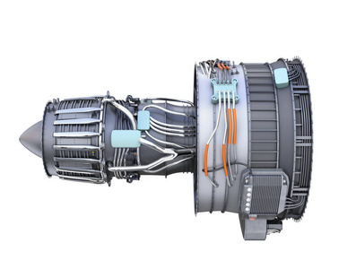 白色背景上孤立的涡扇喷气发动机的侧视图