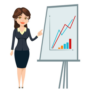 人物背景板站在板图旁边的女商人.可爱的卡通人物.