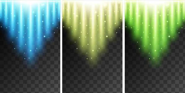 三个背景与明亮的光，在蓝色和绿色
