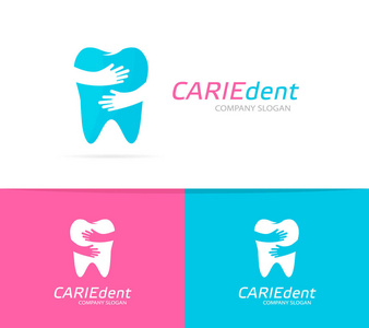 牙齿和手标志组合。牙科诊所和拥抱符号或图标。独特的凹痕和医疗标识设计模板