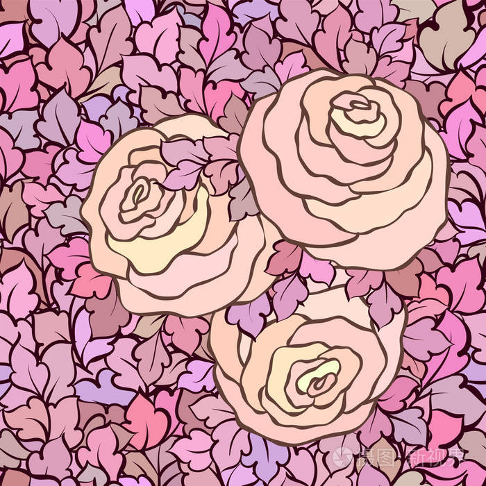无缝花纹与玫瑰和树叶,观赏的复杂花纹和花,手绘艺术背景,适合纺织