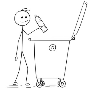 塑料瓶在扔到废物容器的男人微笑着