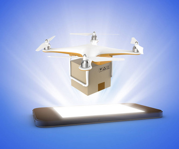 无人机飞行与交付彩盒包装从智能手机