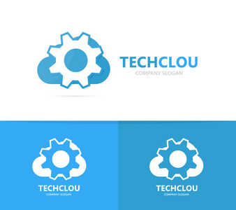 齿轮和云标志组合。机修工和存储符号或图标。独特的工厂和工业标识设计模板