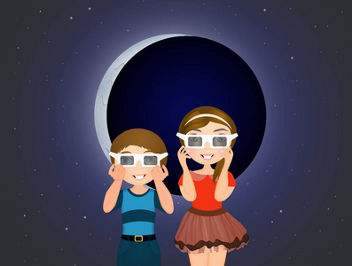 孩子们看看日食的 3d 太阳镜