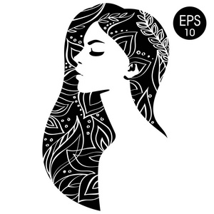 矢量时尚肖像.黑白剪影照片