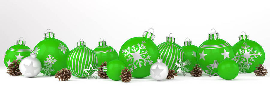 3d 渲染绿色和银色圣诞小玩意在白色背景