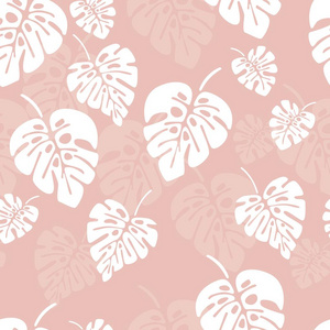 夏季无缝模式与白龟背竹棕榈叶在粉红色的背景上