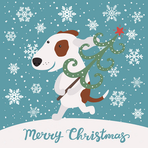 可爱的小狗进行圣诞树。圣诞快乐