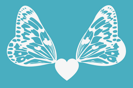 插图心与蝴蝶的翅膀.蓝色背景上的矢量插图照片