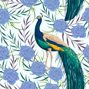 用孔雀, 花和树叶的无缝模式.水彩风格复古手绘矢量图照片