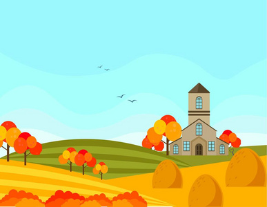 农场村庄秋天季节以干草背景。矢量插图