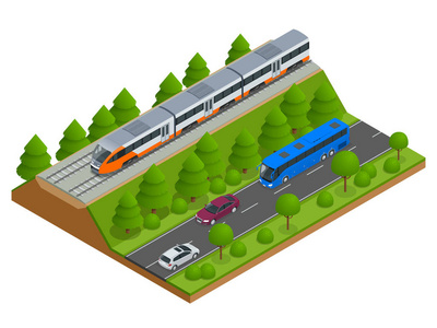 等距铁轨和现代火车。铁路图标。现代高速红通勤火车。平的 3d 等距的矢量图。为图表和设计游戏