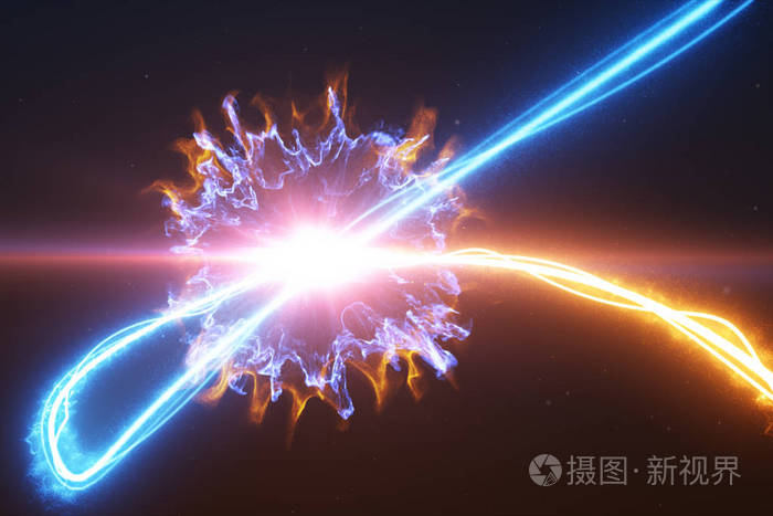 冷和热光条纹黑色背景的黑烟和光粒子上爆发,在空间爆炸,当它们彼此