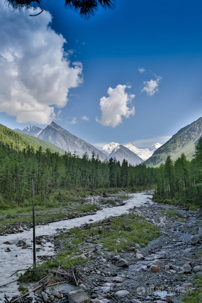 山区河流在山脚下 belukha 山,阿尔泰山,俄罗斯