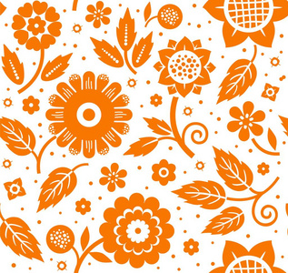 花朵和叶子，装饰背景，无缝，白色橙色，矢量