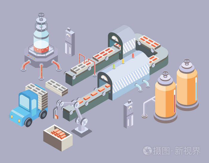 自动化的生产线.与输送机和各种机器的工厂车间.在等轴测投影矢量图