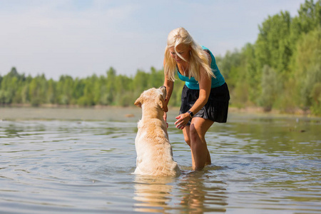 成熟的女人玩弄在湖中的一只拉布拉多犬