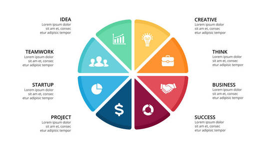 矢量圆圈箭头图 循环图 几何图 演示文稿图表。经营理念与 8 选项 配件 步骤 流程。16 x 9 幻灯片模板