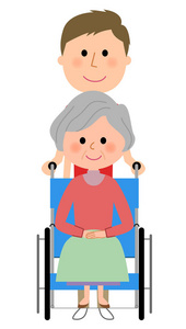 老年妇女坐在轮椅上和护理的送礼者