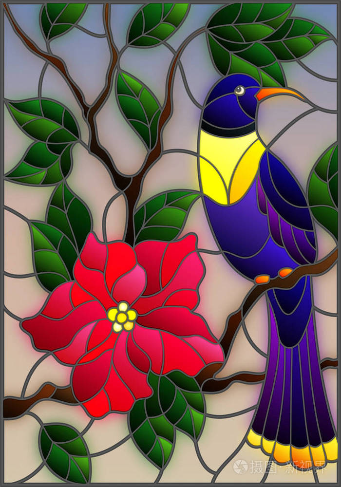 插画风格的彩绘玻璃与一只美丽的蓝鸟,坐在一个分支开花的树上的叶子