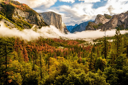 约塞米蒂山谷在阴天秋天的早晨