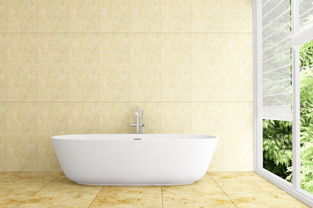 现代浴室，墙上贴米黄色瓷砖