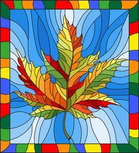 在秋天的枫叶，在蓝色的背景，在明亮的框架中的彩色玻璃风格的插图
