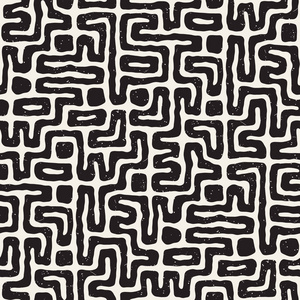 与迷宫线路的无缝模式。单色的抽象背景。矢量手绘制的迷宫