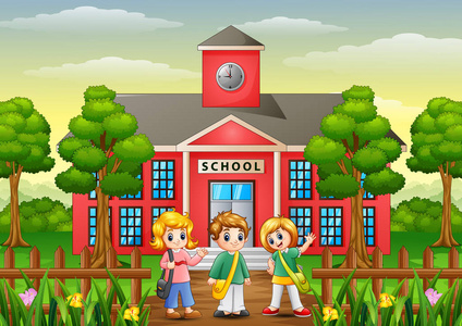 快乐的学校孩子们站在学校大楼前照片