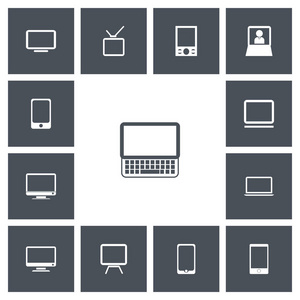 13 可编辑工具图标集。包括电话 显示器 电视等符号。可用于 Web 移动 Ui 和数据图表设计