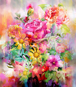 抽象的七彩花朵水彩画。多彩多姿的春天