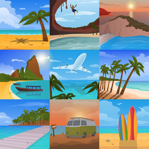 夏季时间度假自然热带海滩景观的天堂小岛棕榈树假日矢量图照片