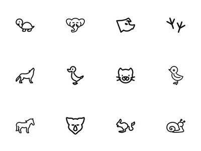 12 可编辑的动物大纲图标集。包括犀牛 小鸟 小猫等符号。可用于 Web 移动 Ui 和数据图表设计