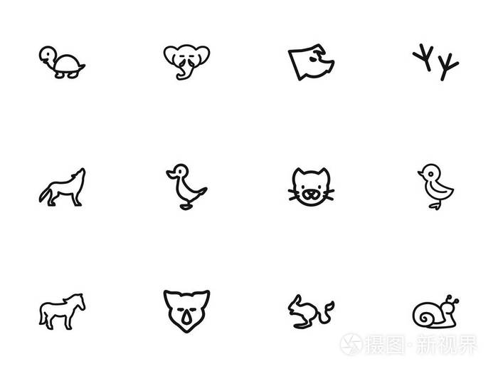 插画 12 可编辑的动物大纲图标集.包括犀牛, 小鸟, 小猫等符号.