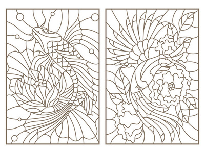 设置轮廓插图的彩绘玻璃窗的动物 鸟类和朵朵树 鱼和莲花