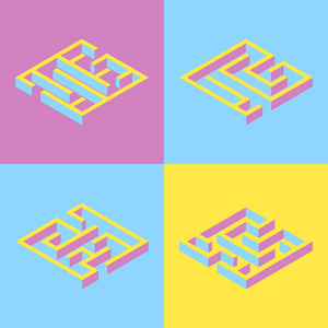 矢量图。4 抽象的方形迷宫，等距的集。y