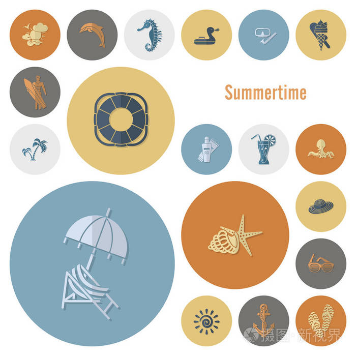 夏天和海滩的简单平面图标