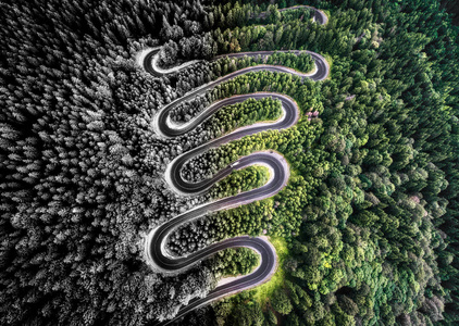 一条蜿蜒的小路,在森林里的鸟瞰图.艺术的解释照片